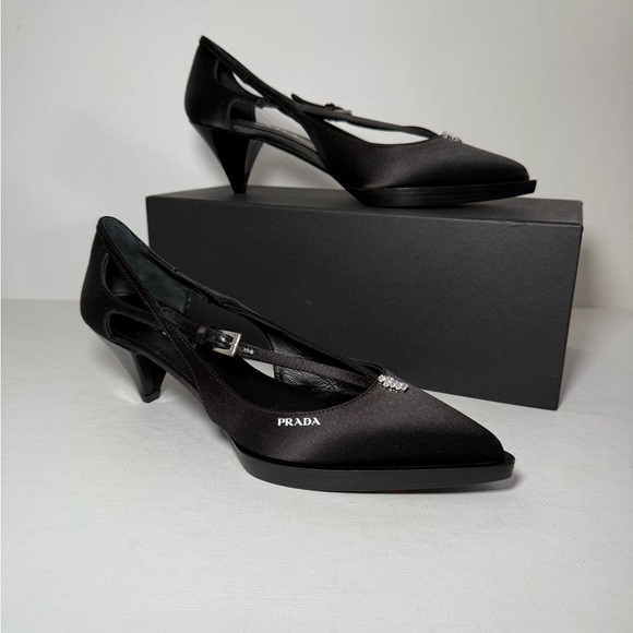 Prada Women's Black Silk Slip On Buckle Criss Cross Heels, Sz 6US - Picture 1 of 10
